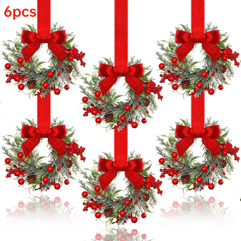 Farmhouse Mini Christmas Cabinet Wreaths, Set of 6 with Ribbon Tie-Ons